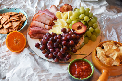 High angle view of fresh food on crumpled paper