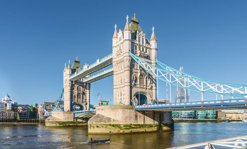 Bridge over river with city in background