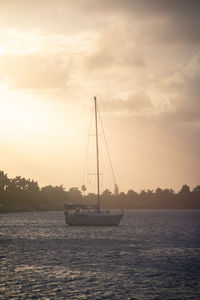 Sailboat sailing on sea against sky during sunset