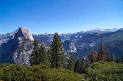 Scenic view of mountains against clear blue sky
