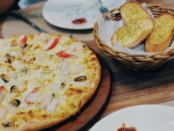 High angle view of breakfast served on table