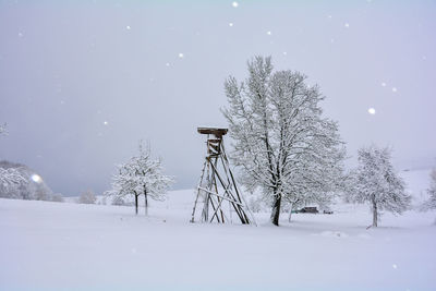 Trees on snow covered field against sky