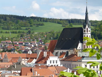 High angle view of townscape against cloudy sky