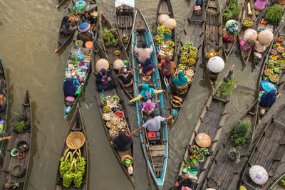 High angle view of people in floating market
