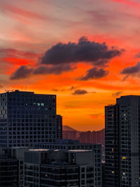 Modern buildings against sky during sunset