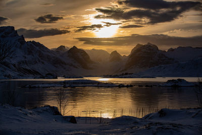 Sunset over the fjord near reine norway