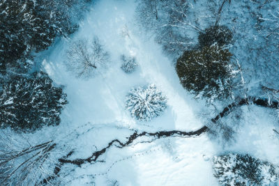 High angle view of snow covered land
