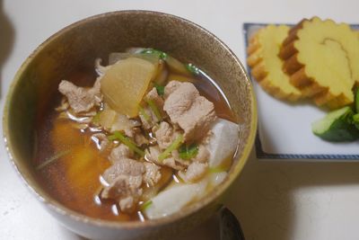 High angle view of soup in bowl on table