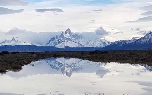 Scenic view of snowcapped mountains and lake against sky