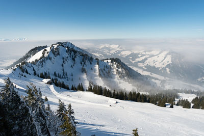 Scenic view of snow covered mountains against sky