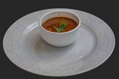 High angle view of soup in bowl on table