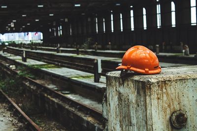 Hardhat on ledge in abandoned factory