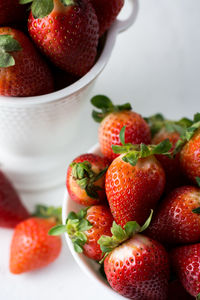 High angle view of strawberries in bowl on table