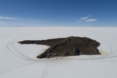 Incahuasi island from aerial view in salt flat