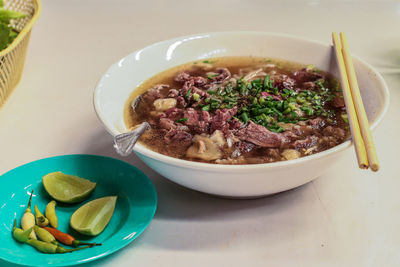 High angle view of food in bowl on table