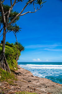 Scenic view of beach against blue sky