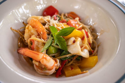 High angle view of pasta in plate on table