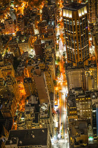 High angle view of city buildings at night