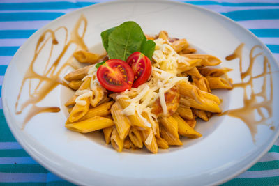 High angle view of pasta in plate