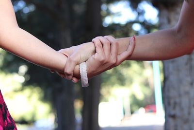 Cropped image of lesbian couple holding hands against trees