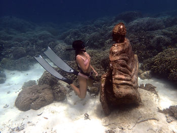 Rear view of man on rock by sea