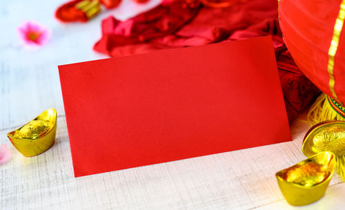 High angle view of red wine on table