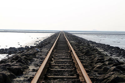 Surface level of railroad tracks against clear sky