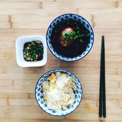 High angle view of soup in bowl on table