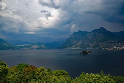 Scenic view of sea and mountains against sky