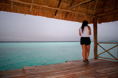 Rear view of woman standing on pier over sea against sky