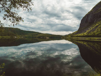 Scenic view of lake and mountains against sky