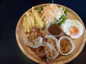 High angle view of breakfast served on table