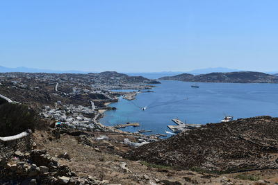 Scenic view of bay against clear blue sky