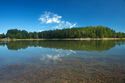 Scenic view of lake against blue sky