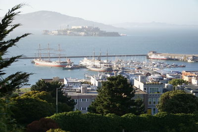 High angle view of sailboats in city