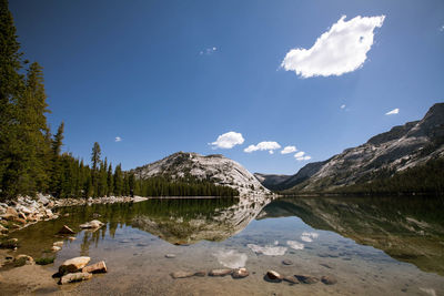 Scenic view of lake and mountains against blue sky