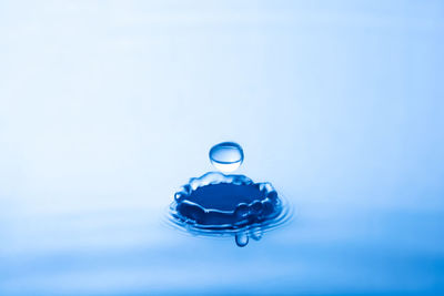 Close-up of drop falling on blue water