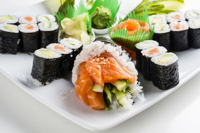 Close-up of sushi served in plate