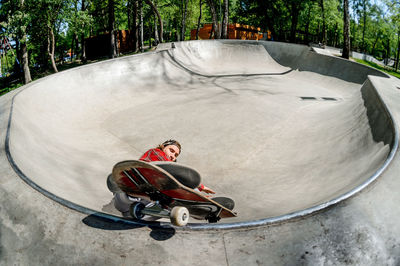 High angle view of skateboard in park