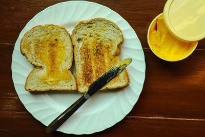 High angle view of breakfast served on table