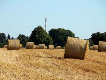 Hay bales on field against clear sky