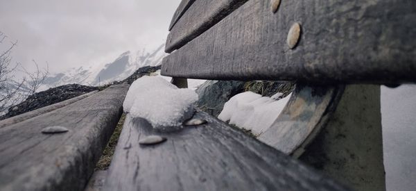 Close-up of snow on roof against sky