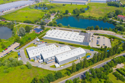 Aerial view of the distribution center, drone photography of the industrial logistic zone.