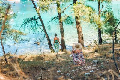 People sitting on field by tree