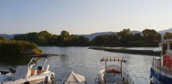 Panoramic view of lake against clear sky