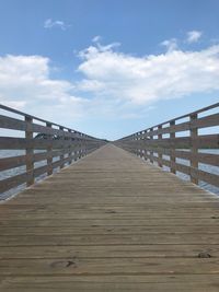 Surface level of wooden footbridge against sky