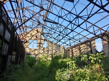 Low angle view of greenhouse against sky