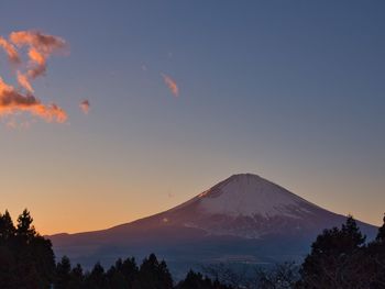 Scenic view of snowcapped mountain against sky during sunset