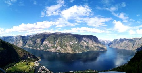 Scenic view of river and mountains against sky