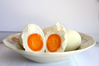 High angle view of breakfast on table against white background